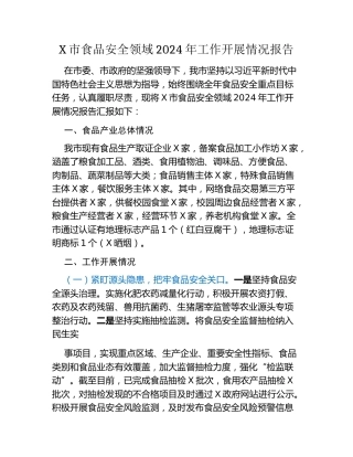 X市食品安全领域 2024 年工作开展情况报告