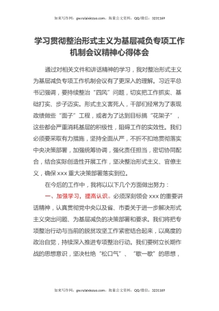 学习贯彻整治形式主义为基层减负专项工作机制会议精神心得体会（2）