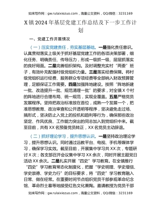 X镇2024年基层党建工作总结及下一步工作计划