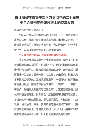 审计局长在市管干部学习贯彻党的二十届三中全会精神专题研讨班上的交流发言