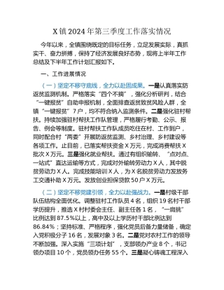 X镇2024年第三季度工作落实情况