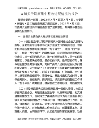 X镇关于巡察集中整改进展情况的报告