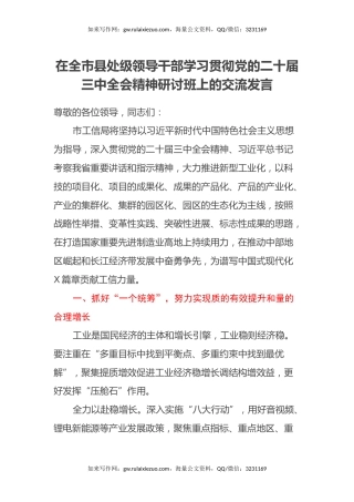 工信局长在全市县处级领导干部学习贯彻党的二十届三中全会精神研讨班上的交流发言
