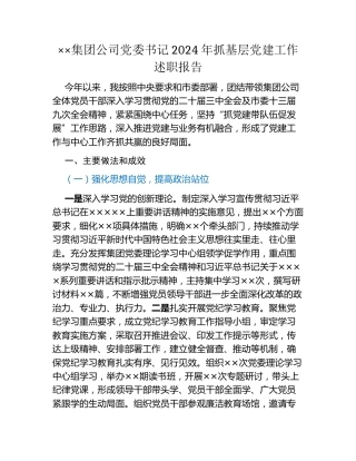 ××集团公司党委书记2024年抓基层党建工作述职报告