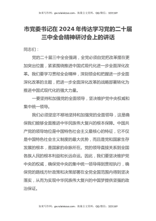 市党委书记在2024年传达学习党的二十届三中全会精神研讨会上的讲话