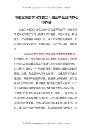 市委宣传部学习党的二十届三中全会精神心得体会