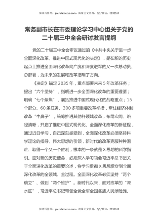 常务副市长在市委理论学习中心组关于党的二十届三中全会研讨发言提纲