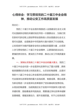 心得体会：学习贯彻党的二十届三中全会精神，推动公安工作高质量发展