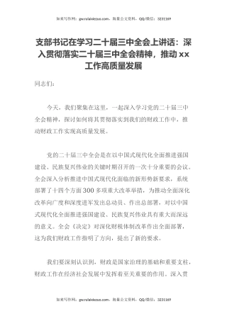 支部书记在学习二十届三中全会上讲话：深入贯彻落实二十届三中全会精神，推动xx工作高质量发展