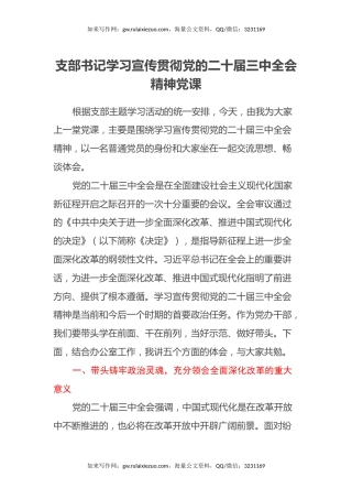 支部书记学习宣传贯彻党的二十届三中全会精神党课