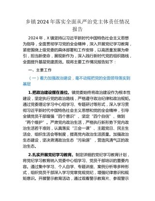 乡镇2024年落实全面从严治党主体责任情况报告