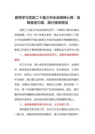教师学习党的二十届三中全会精神心得：汲取奋进力量，践行使命担当