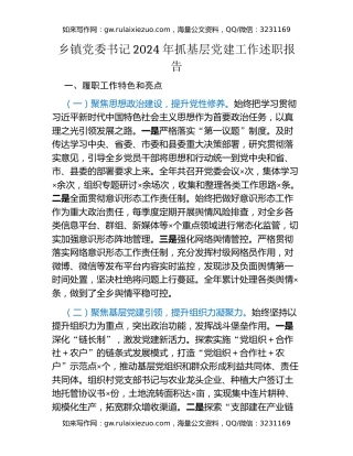乡镇党委书记2024年抓基层党建工作述职报告（2）