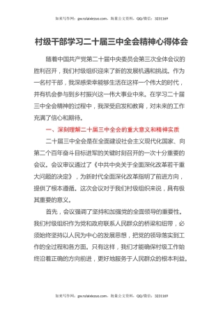 村级干部学习二十届三中全会精神心得体会