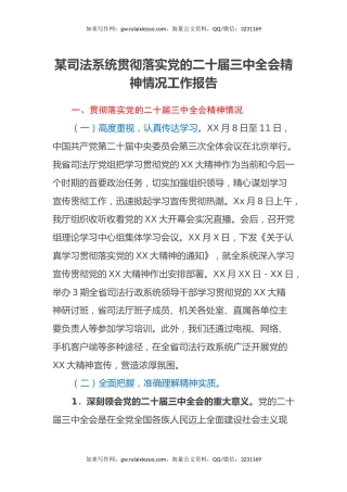 某司法系统贯彻落实党的二十届三中全会精神情况工作报告