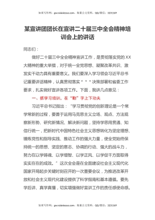 某宣讲团团长在宣讲二十届三中全会精神培训会上的讲话