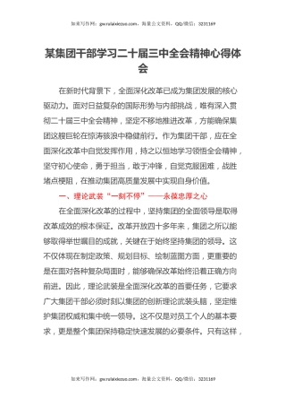 某集团干部学习二十届三中全会精神心得体会