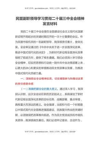 民盟副职领导学习贯彻二十届三中全会精神发言材料