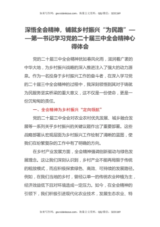 深悟全会精神，铺就乡村振兴“为民路”——第一书记学习党的二十届三中全会精神心得体会