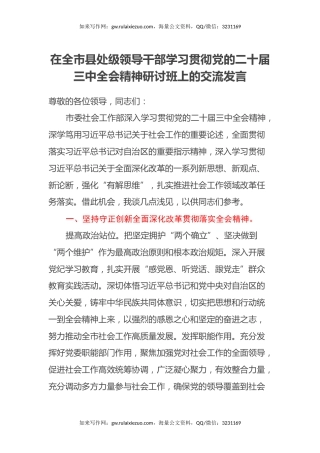 社工部长在全市县处级领导干部学习贯彻党的二十届三中全会精神研讨班上的交流发言