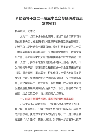 科级领导干部二十届三中全会专题研讨交流发言材料
