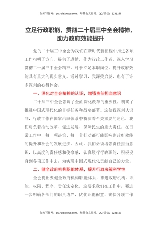 立足行政职能，贯彻二十届三中全会精神，助力政府效能提升