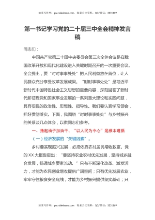 第一书记学习党的二十届三中全会精神发言稿