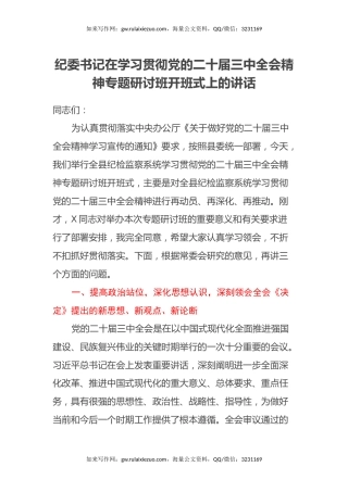 纪委书记在学习贯彻党的二十届三中全会精神专题研讨班开班式上的讲话