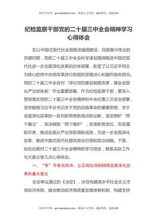 纪检监察干部党的二十届三中全会精神学习心得体会