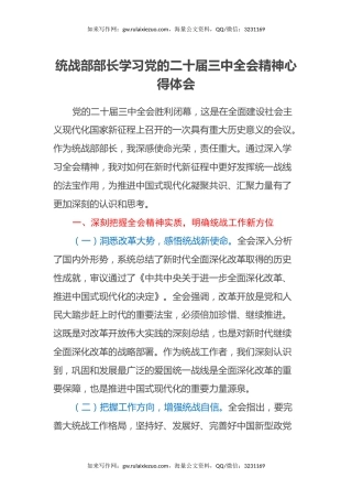 统战部部长学习党的二十届三中全会精神心得体会
