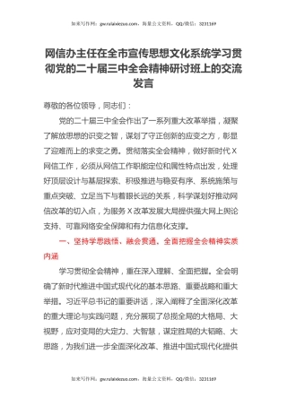 网信办主任在全市宣传思想文化系统学习贯彻党的二十届三中全会精神研讨班上的交流发言