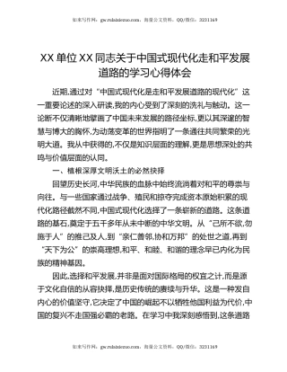 XX单位XX同志关于中国式现代化走和平发展道路的学习心得体会