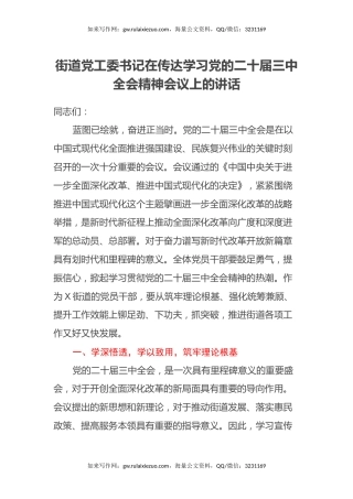 街道党工委书记在传达学习党的二十届三中全会精神会议上的讲话