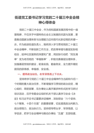 街道党工委书记学习党的二十届三中全会精神心得体会
