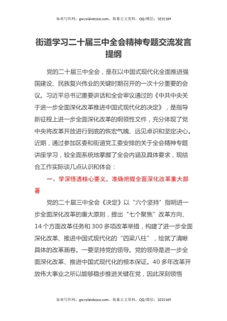 街道学习二十届三中全会精神专题交流发言提纲