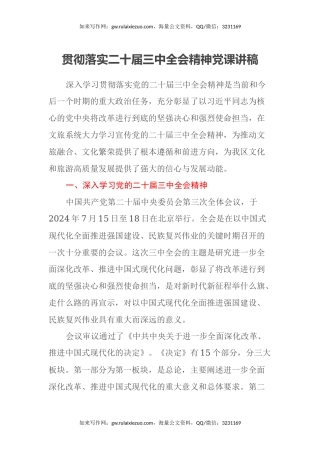 贯彻落实二十届三中全会精神党课讲稿