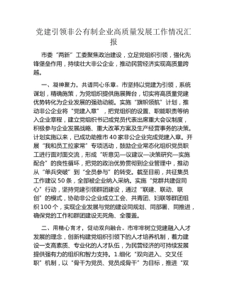 党建引领非公有制企业高质量发展工作情况汇报