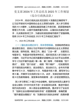 党支部2024年工作总结及2025年工作规划（综合行政执法队）