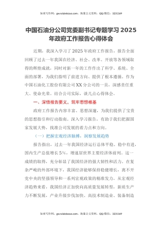 中国石油分公司党委副书记专题学习2025年政府工作报告心得体会
