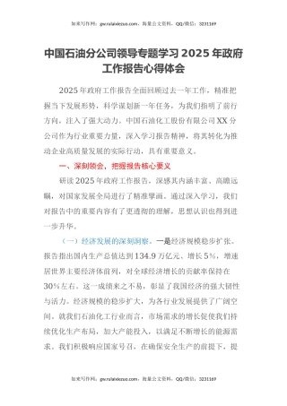中国石油分公司领导专题学习2025年政府工作报告心得体会