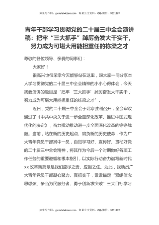 青年干部学习贯彻党的二十届三中全会演讲稿：把牢“三大抓手”踔厉奋发大干实干，努力成为可堪大用能担重任的栋梁之才
