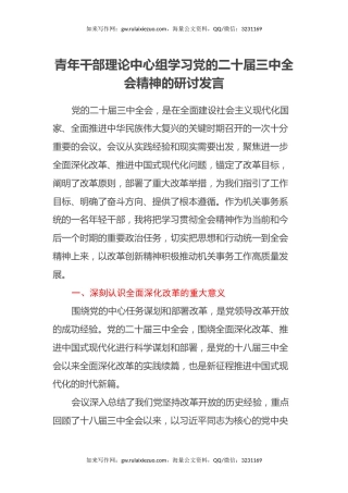 青年干部理论中心组学习党的二十届三中全会精神的研讨发言