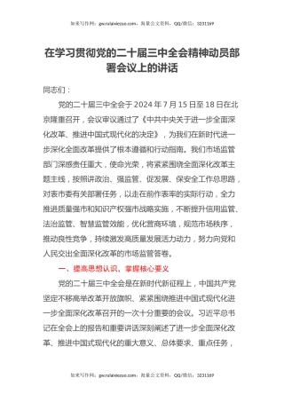 （发言稿）在学习贯彻党的二十届三中全会精神动员部署会议上的讲话