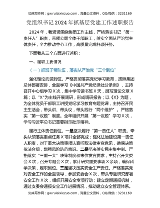 党组织书记2024年抓基层党建工作述职报告（2）