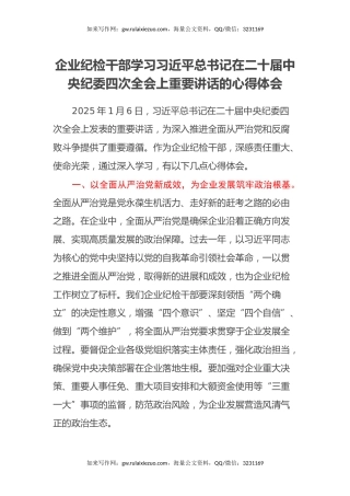 企业纪检干部学习习近平总书记在二十届中央纪委四次全会上重要讲话的心得体会
