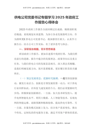 供电公司党委书记专题学习2025年政府工作报告心得体会