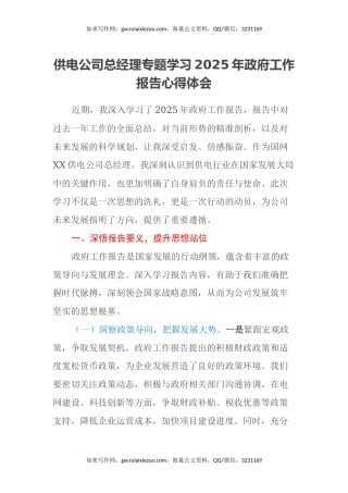 供电公司总经理专题学习2025年政府工作报告心得体会