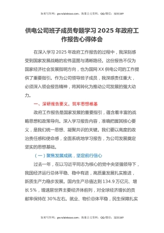 供电公司班子成员专题学习2025年政府工作报告心得体会