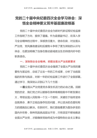 党的二十届中央纪委四次全会学习体会：深悟全会精神要义筑牢基层廉政根基