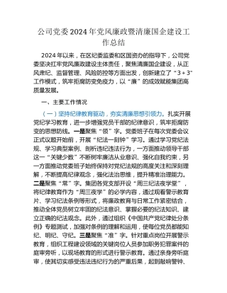 公司党委2024年党风廉政暨清廉国企建设工作总结